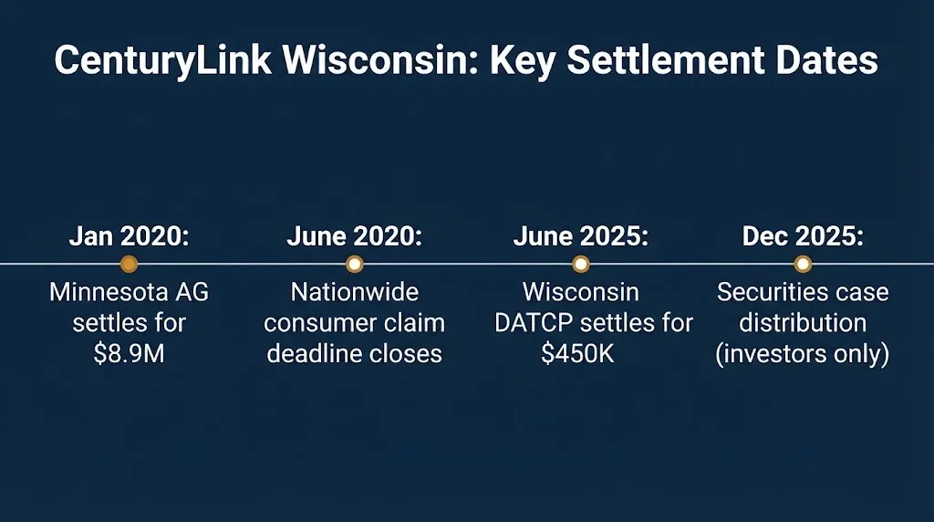 Timeline of key dates in the CenturyLink Wisconsin internet settlement from 2020 through 2025.