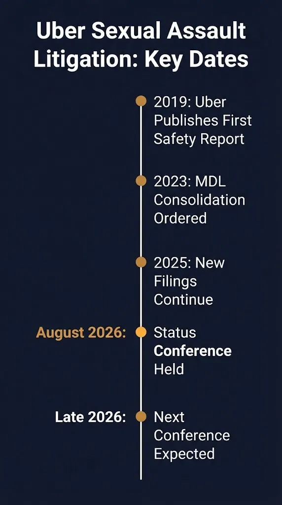 Timeline of key dates in the Uber sexual assault litigation from 2019 through late 2026.