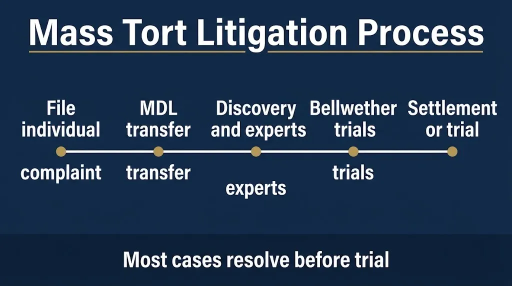 Timeline of mass tort litigation process from filing through MDL transfer, discovery, and settlement.