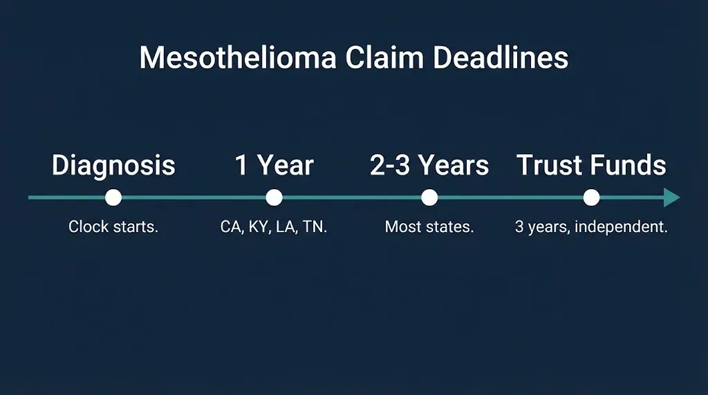 Timeline of mesothelioma lawsuit deadlines from diagnosis to trust fund filing windows