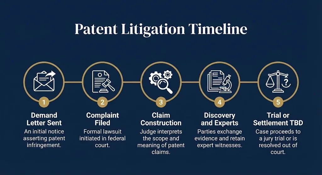 Timeline of patent litigation showing demand letter, complaint, claim construction, discovery, and trial or settlement.