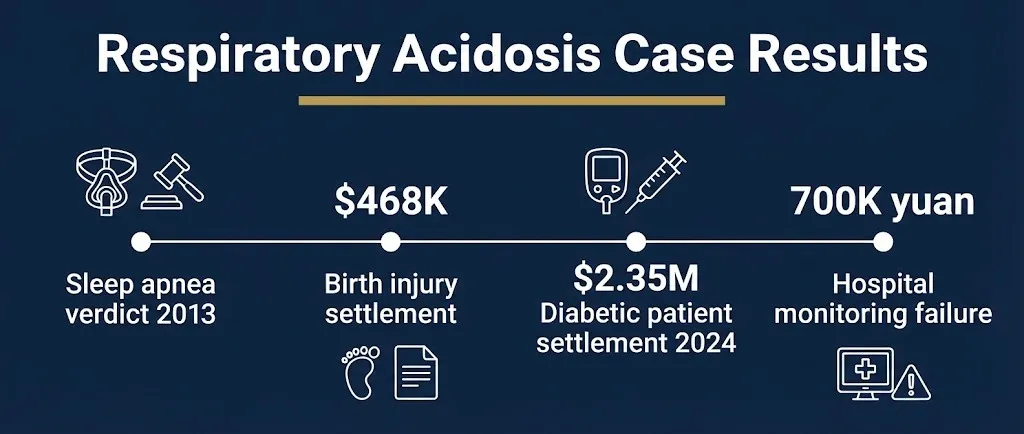 Respiratory acidosis compensation 2026 banner showing malpractice results from $500K to $2.35M.