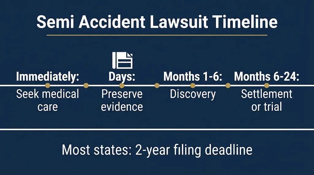 Timeline of semi accident lawsuit steps including medical care, evidence preservation, discovery, and settlement.