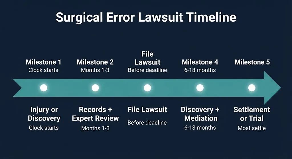 Timeline of surgical error lawsuit stages from injury to settlement or trial