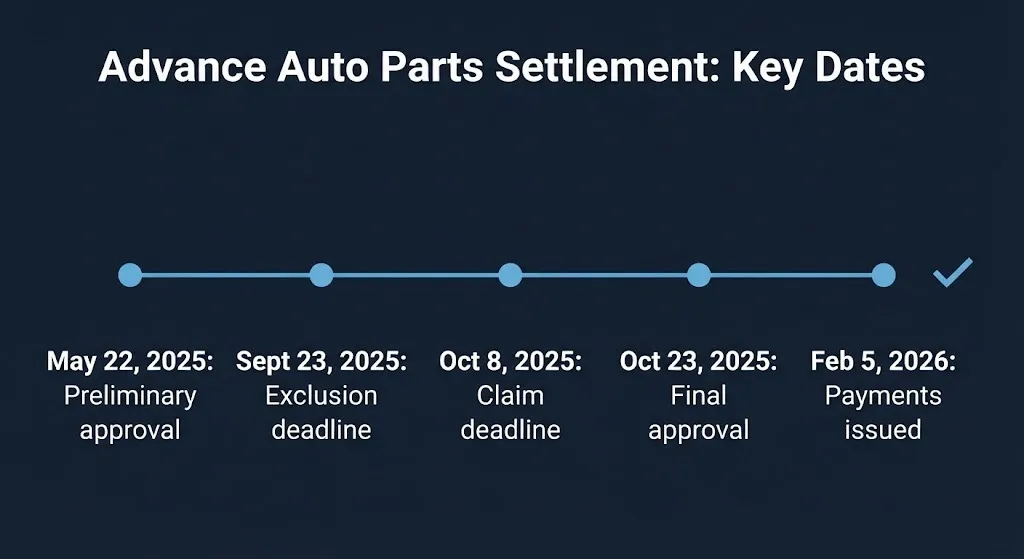 Timeline of the Advance Auto Parts data breach settlement showing approval dates, deadlines, and payment issuance.