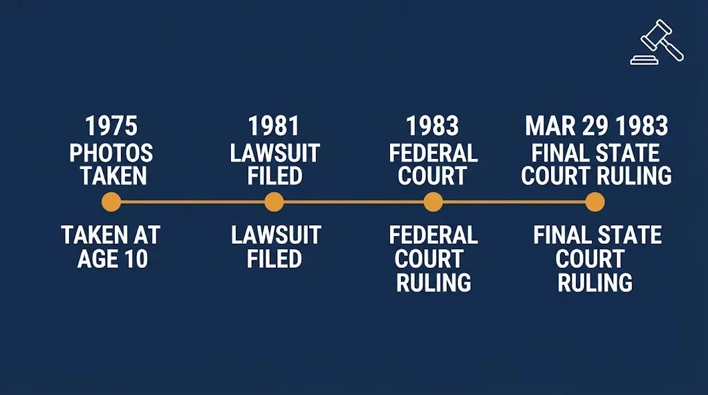 Timeline of the Brooke Shields Playboy lawsuit from the 1975 photos to the final 1983 court ruling.