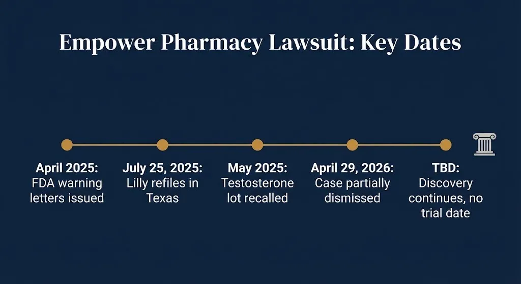 Timeline of the Empower Pharmacy lawsuit 2026 showing FDA warnings, the Texas filing, recall, and partial dismissal.
