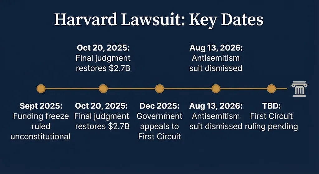 Timeline of the Harvard lawsuit 2026 showing the funding ruling, appeal, dismissal, and pending First Circuit decision.