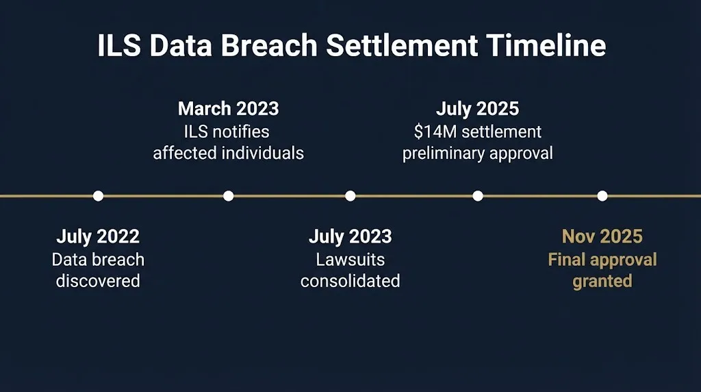 Timeline of the ILS data breach settlement from 2022 breach to 2025 final approval.