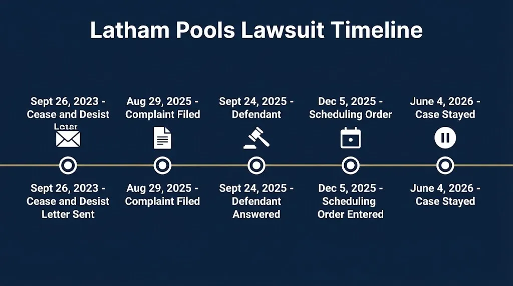 Timeline of the Latham Pools lawsuit from cease and desist letter to complaint filing and June 2026 stay.