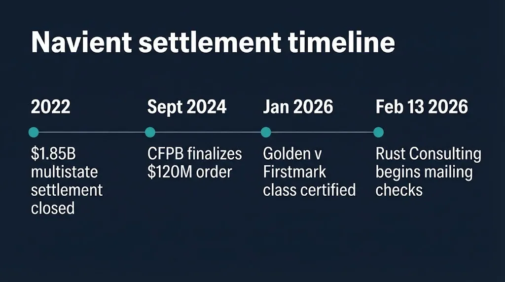Timeline of the Navient lawsuit showing key dates from the 2022 settlement to 2026 checks mailing