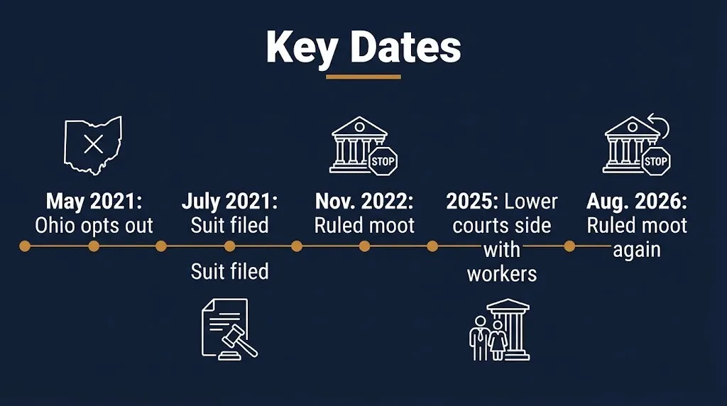 Timeline of the Ohio unemployment lawsuit from Ohio's 2021 opt out to the August 2026 moot ruling.