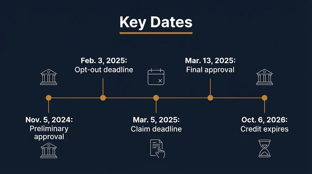 Timeline of the Park Mobile settlement from November 2024 approval to the October 6, 2026 credit expiry.