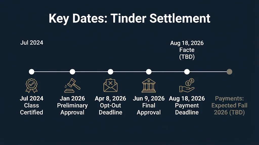 Timeline of the Tinder class action lawsuit settlement showing key 2026 dates through final approval.