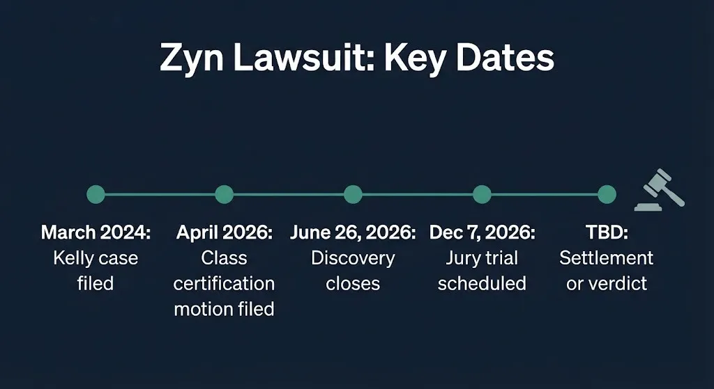 Timeline of the Zyn lawsuit 2026 showing the case filing, certification motion, discovery close, and trial date.