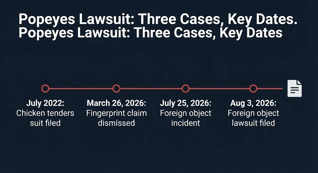 Timeline of the three separate Popeyes lawsuits showing filing dates and dismissal of earlier claims.