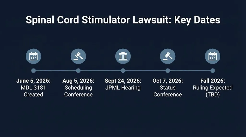 Timeline of verified 2026 spinal cord stimulator lawsuit dates from MDL creation to the expected JPML ruling.