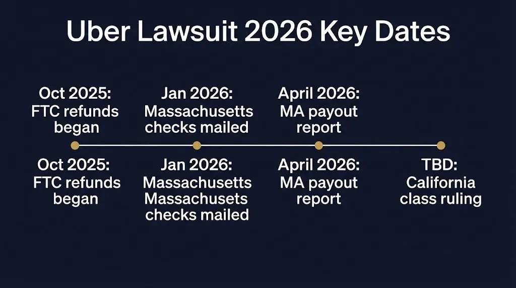 Timeline of verified Uber lawsuit milestones from 2025 through 2026 including Massachusetts payments and California ruling.
