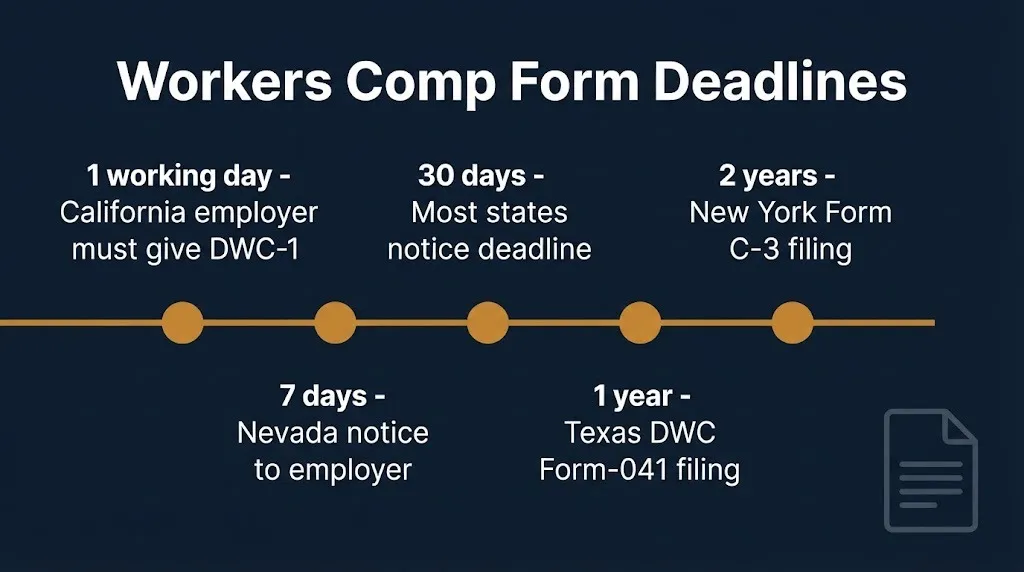 Timeline of workers compensation form deadlines from a one-day employer duty to a two-year New York filing limit.