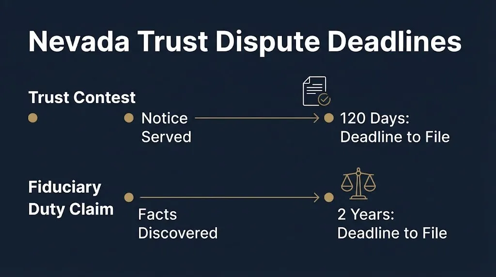 Timeline showing Nevada trust litigation deadlines 120 days to contest a trust and 2 years for fiduciary duty claims.