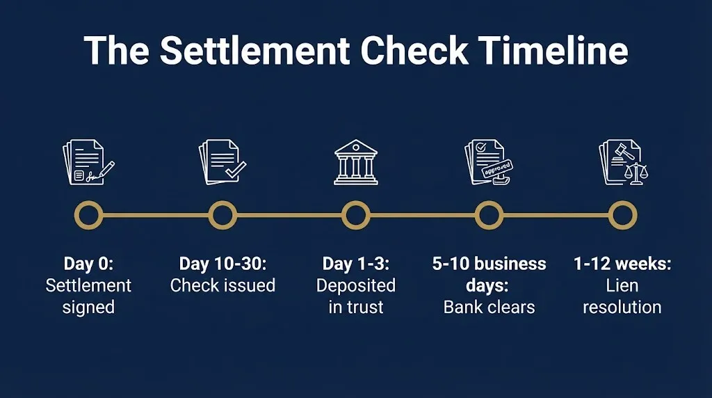 Timeline showing how long a lawyer holds a settlement check from signing to disbursement.