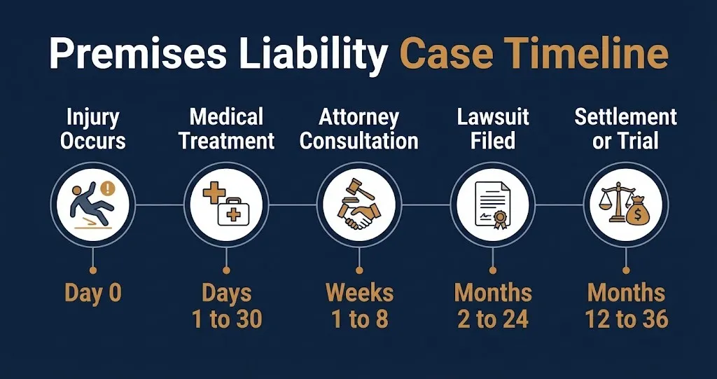 Timeline showing the stages of a premises liability lawsuit from injury to settlement.