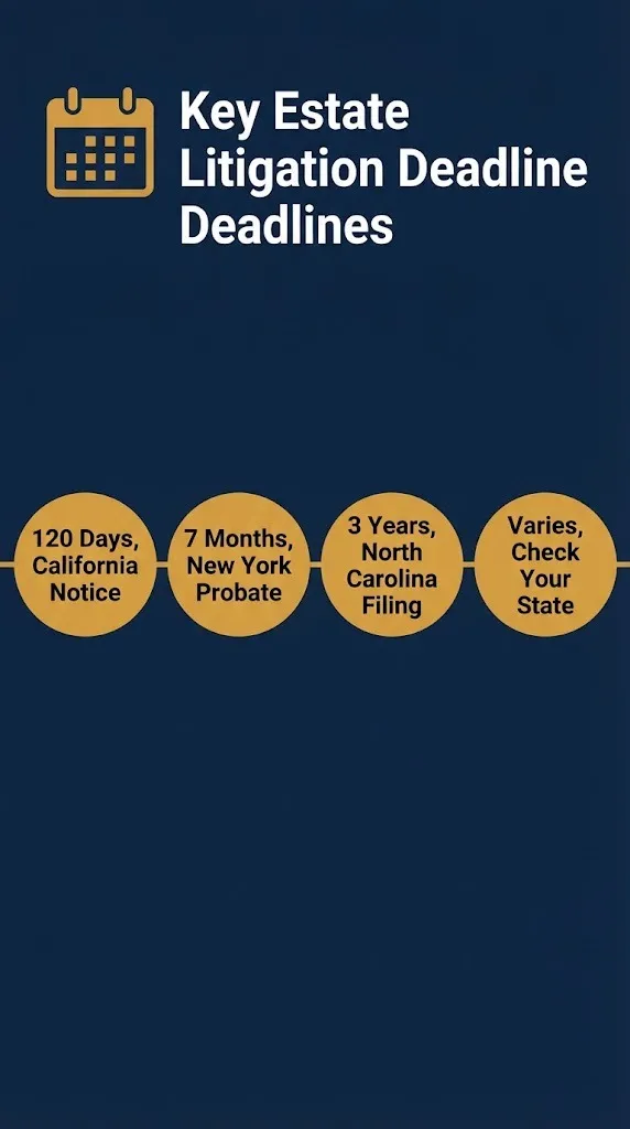 Timeline showing will contest deadlines that estate litigation lawyers track by state in 2026.