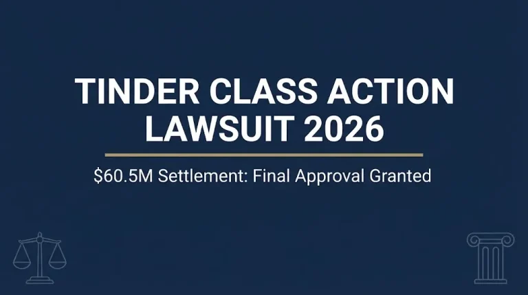 Tinder class action lawsuit 2026 hero banner showing $60.5 million settlement final approval status.