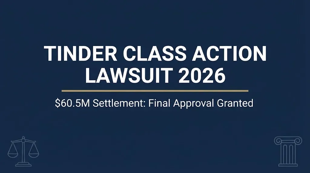 Tinder class action lawsuit 2026 hero banner showing $60.5 million settlement final approval status.