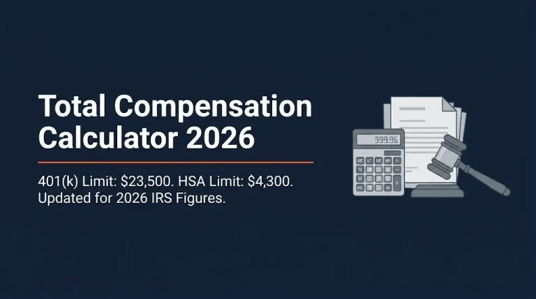 Total Compensation Calculator 2026 banner with updated IRS limits and legal symbolism.