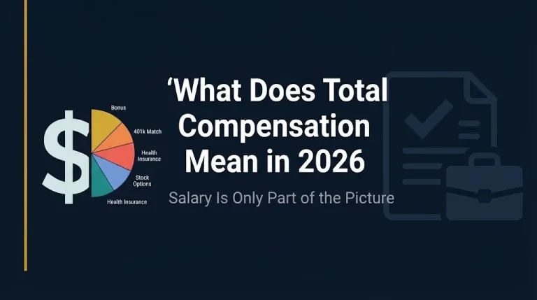 Total compensation 2026 banner explaining salary vs total compensation with benefits pie chart.