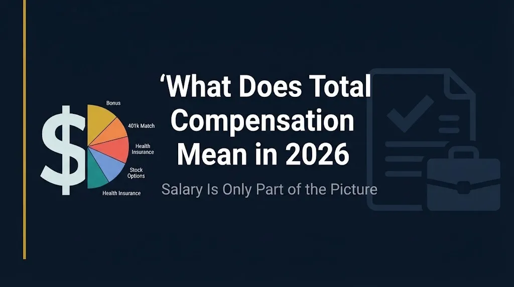 Total compensation 2026 banner explaining salary vs total compensation with benefits pie chart.
