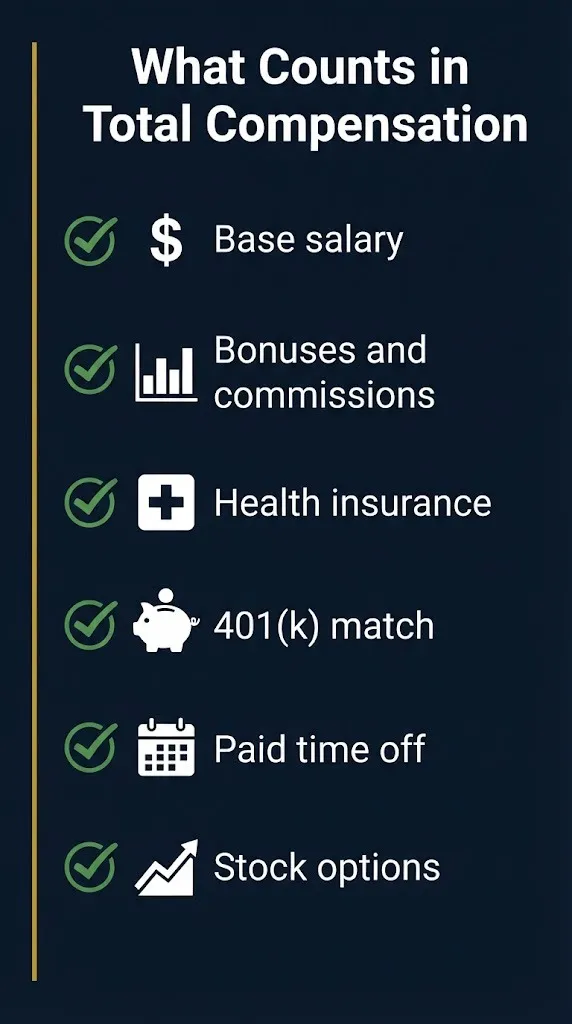 Total compensation checklist showing salary, bonuses, insurance, retirement, PTO, and stock options.