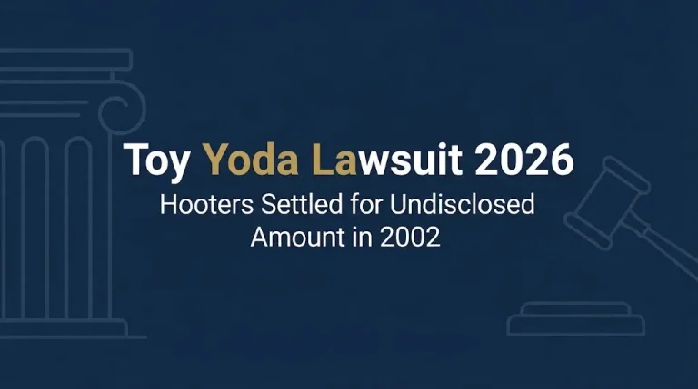 Toy Yoda lawsuit 2026 banner showing Hooters settled for undisclosed amount in 2002.