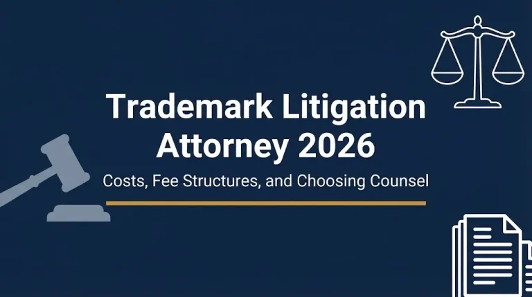 Trademark litigation attorney 2026 banner showing costs, fee structures, and choosing counsel.