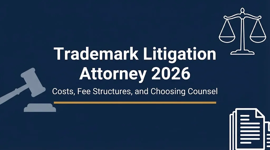 Trademark litigation attorney 2026 banner showing costs, fee structures, and choosing counsel.