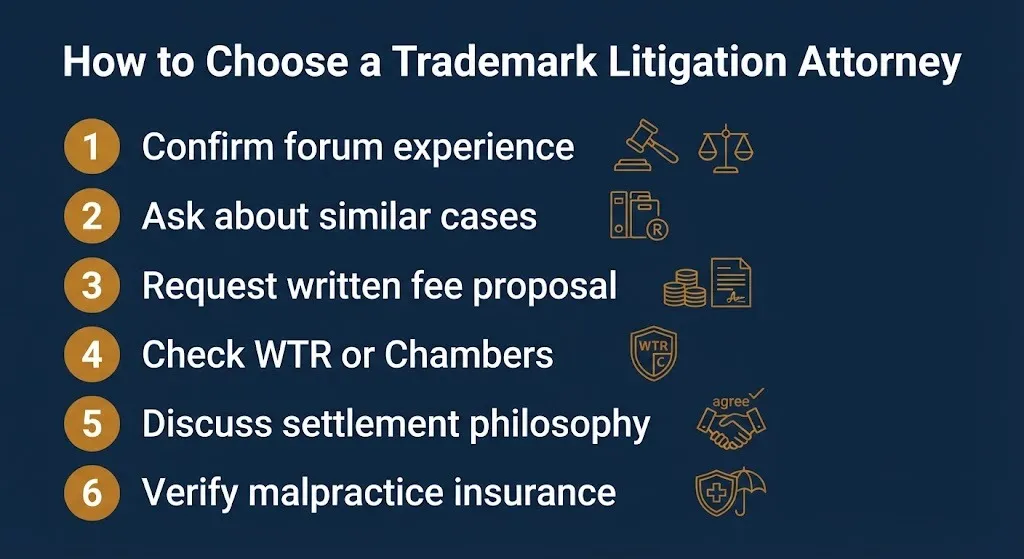 Trademark litigation attorney selection guide showing six steps to choose counsel.