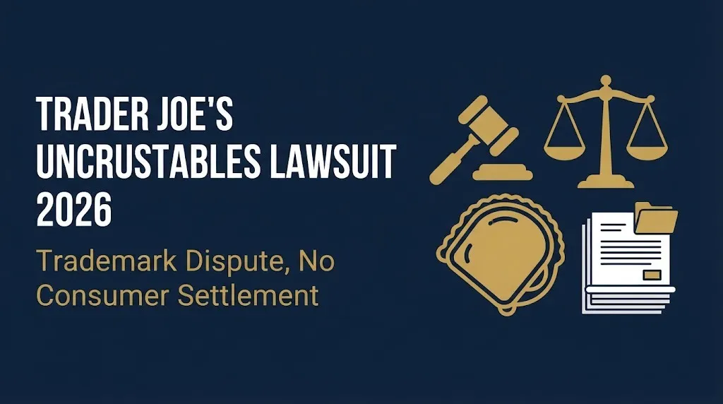 Trader Joe's Uncrustables lawsuit 2026 headline with gavel and sandwich icon showing trademark dispute with no consumer settlement.