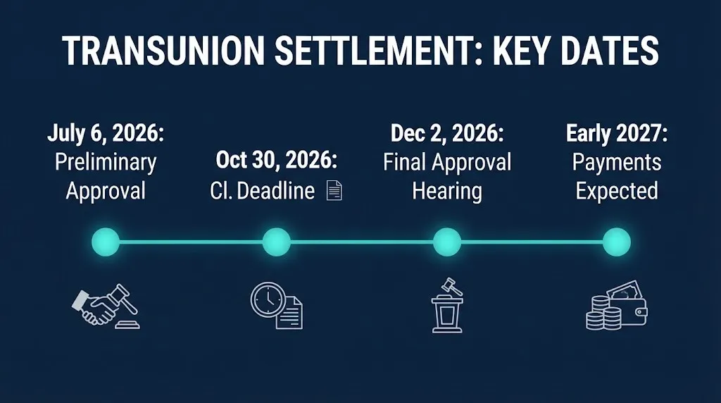 TransUnion settlement timeline showing claim deadline, final approval, and payment expectations