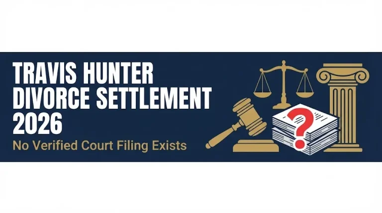 Travis Hunter divorce settlement 2026 headline with gavel and question mark showing no verified court filing exists.