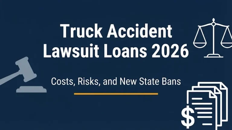 Truck accident lawsuit loans 2026 banner showing costs, risks, and new state bans.