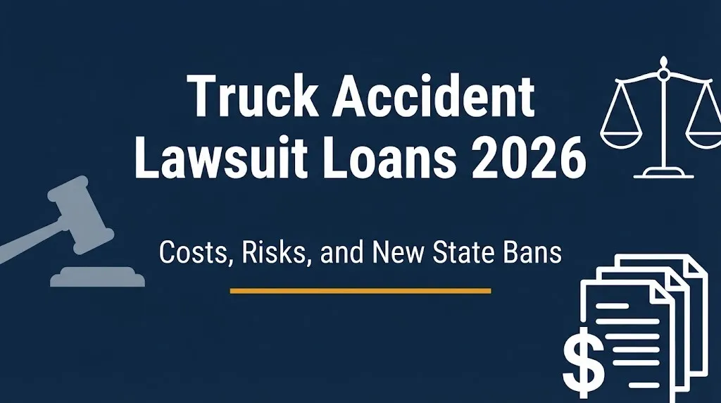 Truck accident lawsuit loans 2026 banner showing costs, risks, and new state bans.