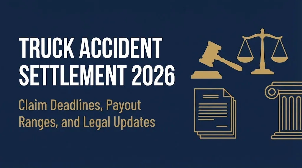 Truck accident settlement 2026 headline with gavel and scales on navy background.