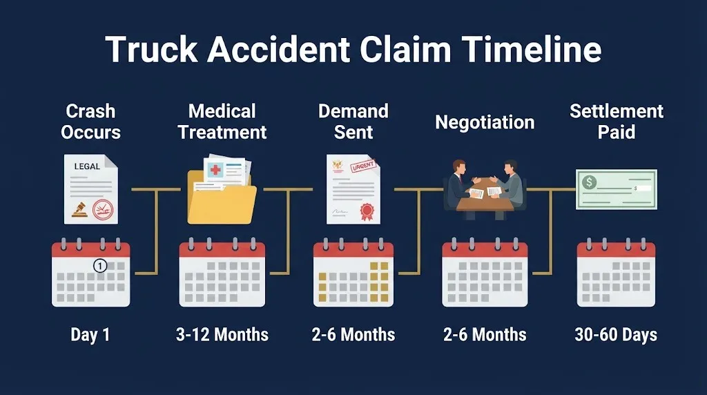 Truck accident settlement claim timeline from crash through payment showing typical durations for each stage.
