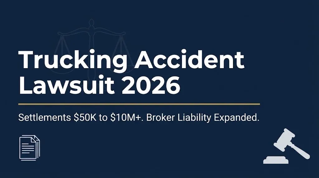 Trucking accident lawsuit 2026 hero banner noting settlements from $50K to $10M and expanded broker liability.