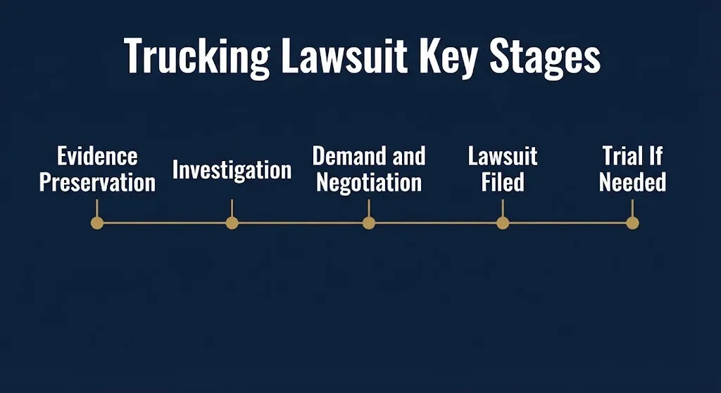 Trucking accident lawsuit timeline graphic showing stages from evidence preservation through trial.