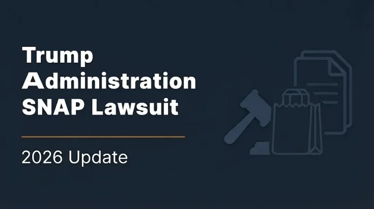 Trump administration SNAP lawsuit 2026 update banner with gavel and grocery bag illustration on navy background