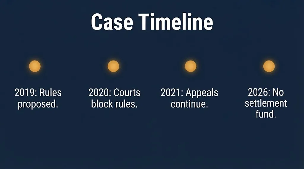 Trump administration SNAP lawsuit timeline showing rule proposals, court blocks, and 2026 status on navy infographic
