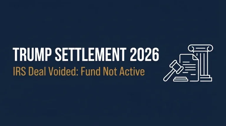 Trump settlement 2026 hero banner showing IRS deal voided and fund not active.
