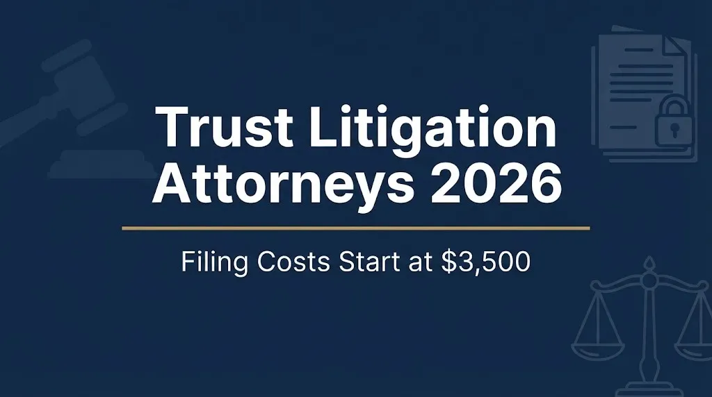 Trust litigation attorneys 2026 banner showing filing costs start at $3,500